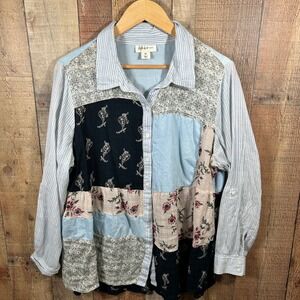 Style & Co Woman 2X Patchwork Floral Paisley Button Front Roll Tab Shirt Blue